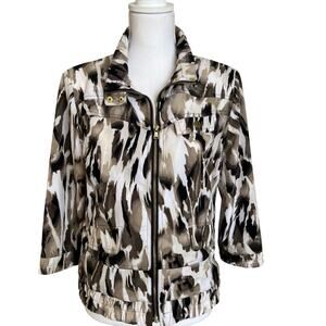 Chico's Zenergy Jacket Size 0 Small 4/6 Brown White Animal Full Zip Stretch
